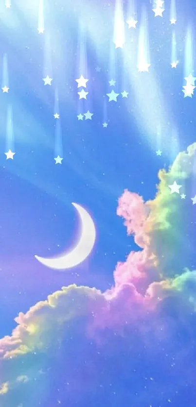 Dreamy wallpaper with a crescent moon and colorful clouds in a blue sky.