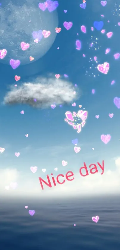 Blue sky with pink hearts and 'Nice day' text on serene wallpaper.