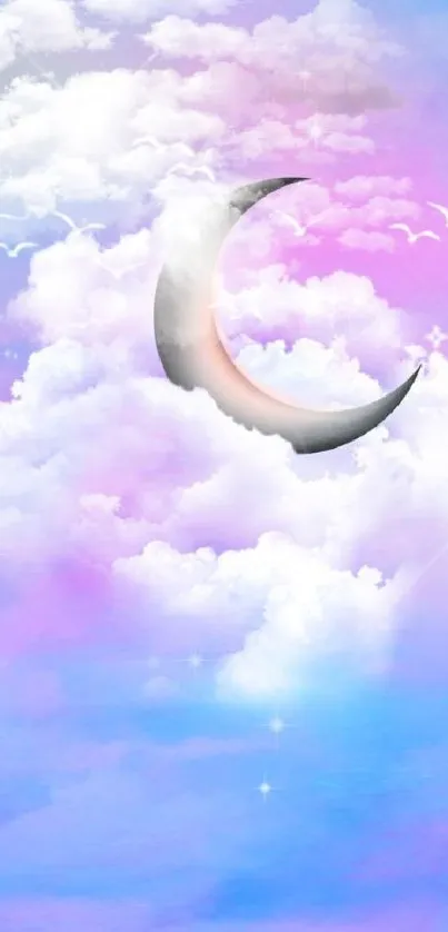 Dreamy sky with crescent moon, clouds, and birds.