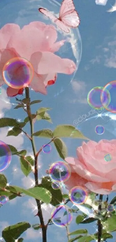 Mobile wallpaper with pink roses and butterfly against a blue sky filled with sparkles.