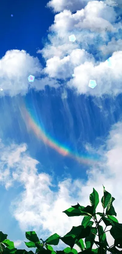 Dreamy sky wallpaper with rainbow and clouds.