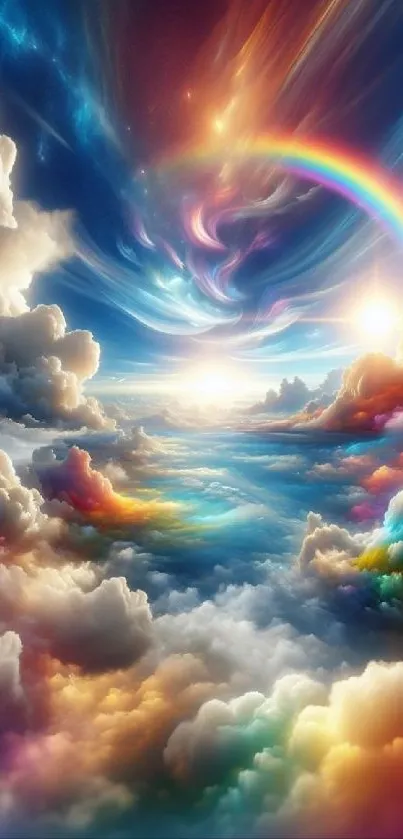 Dreamy sky with radiant clouds and a vibrant rainbow in the background.