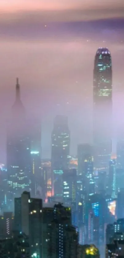 A misty cityscape with glowing lights and a dreamy purple hue.