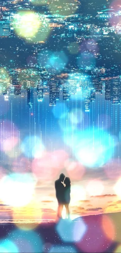 Romantic couple silhouette under dreamy bokeh city skyline.