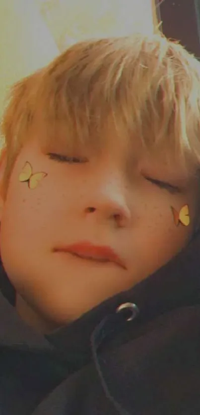 Close-up of a serene face with butterflies on cheeks, radiating a soft golden hue.