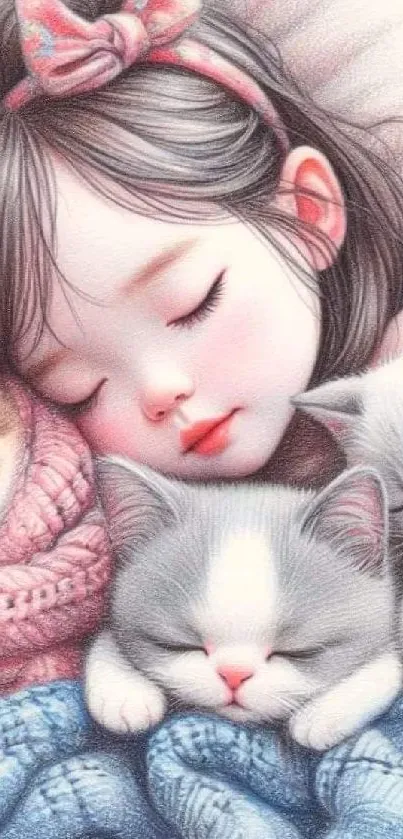 Dreamy girl with kittens illustration wallpaper.