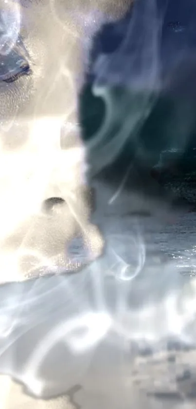 Dreamy smoke and ocean elements blend in a mystical art wallpaper.