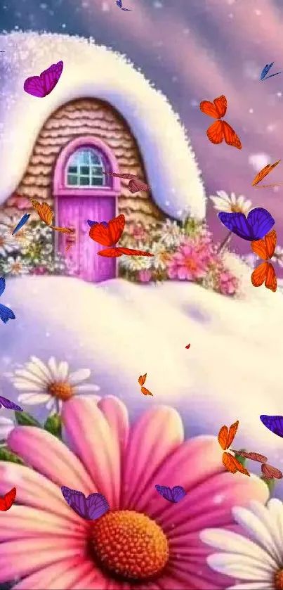 Whimsical snow-covered cottage with colorful butterflies and vibrant flowers.