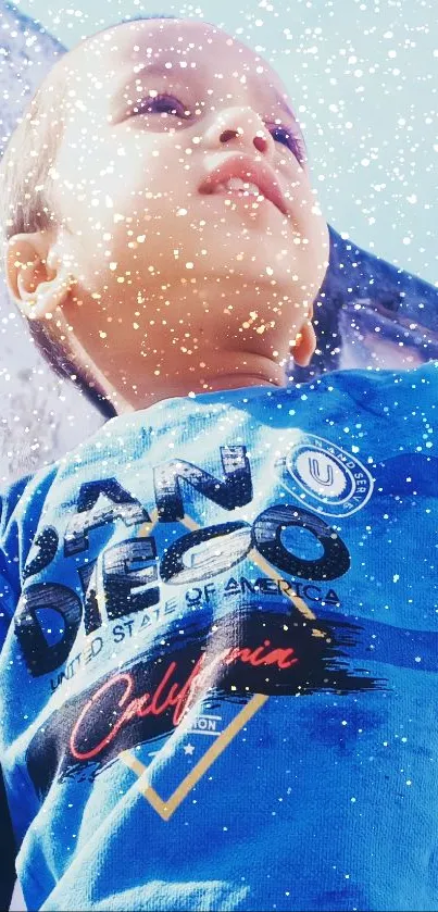 Child wearing blue San Diego shirt with snowfall effect.