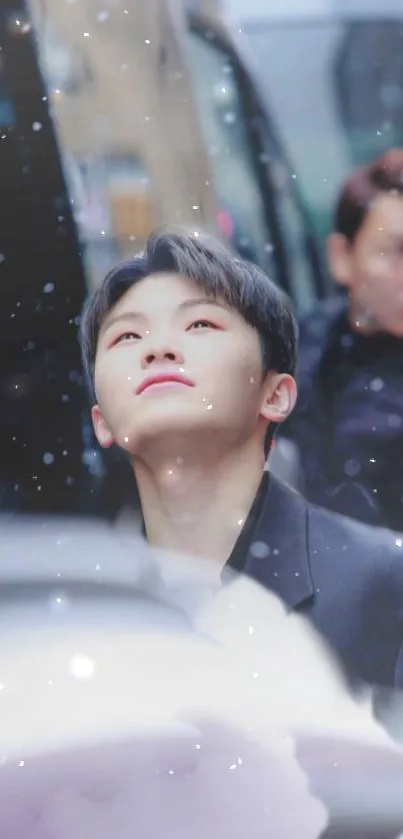 Man in suit looks up amid falling snow, creating a dreamy scene.