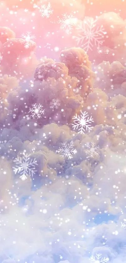 Dreamy wallpaper with clouds and snowflakes in pastel colors.