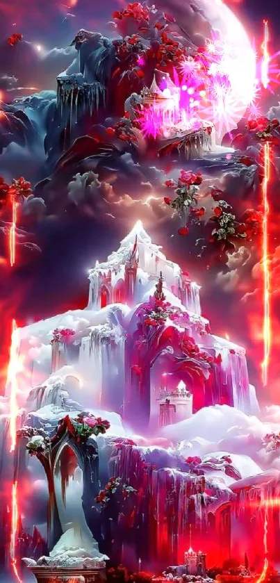 Fantasy castle amidst snowy dreamscape with crimson hues.