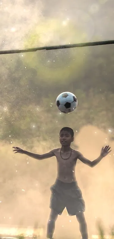 Young boy plays soccer amid dreamy sunlight and swirling dust.