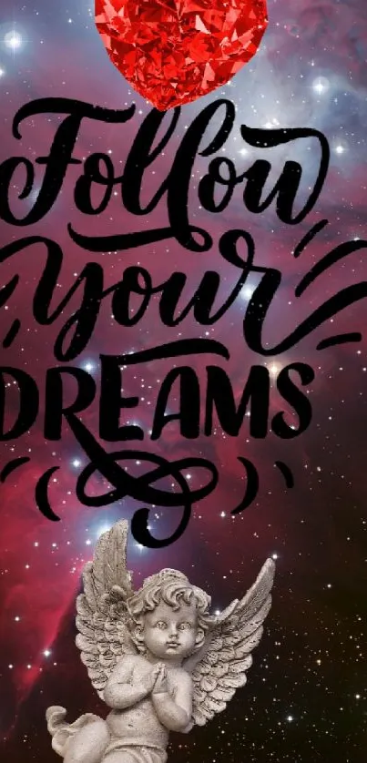 Inspirational wallpaper with angel and Follow Your Dreams text on space background.