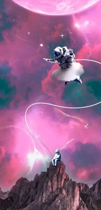 Surreal cosmic wallpaper with ballet astronaut.