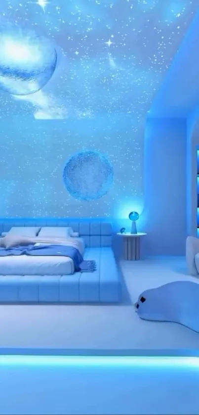 Dreamy space-themed bedroom with blue decor and starry ceiling.