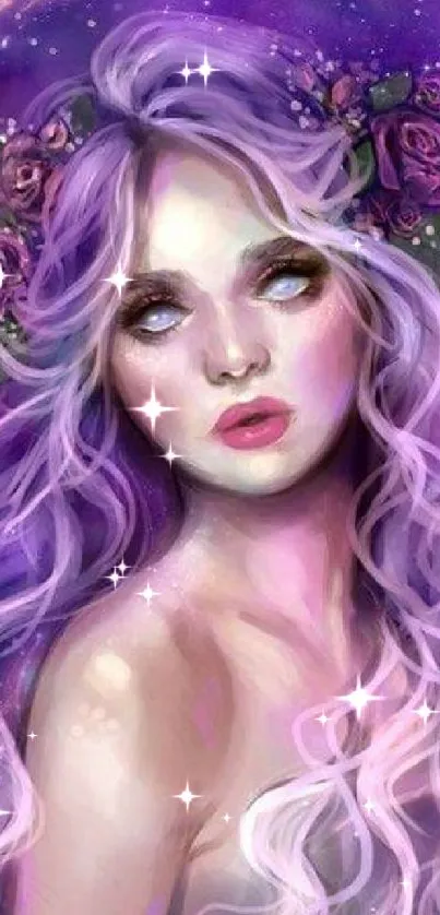 Fantasy art with purple cosmic background and enchanting figure.