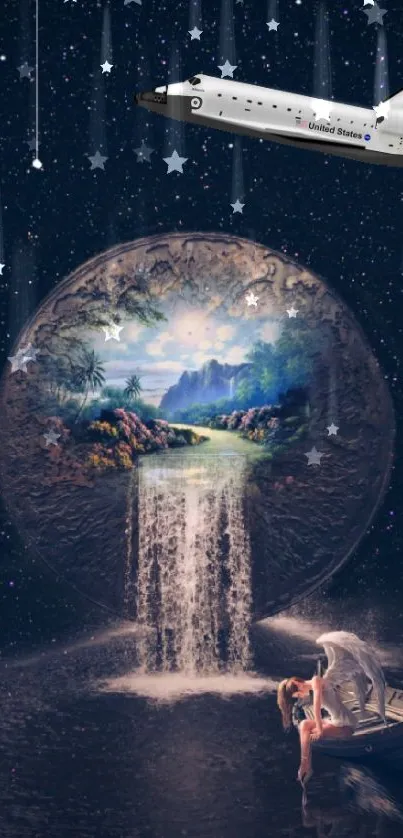 Fantasy space scene with waterfall and stars.