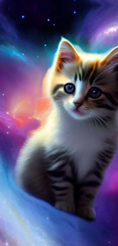 Cute kitten in a vibrant cosmic setting with swirling colors.