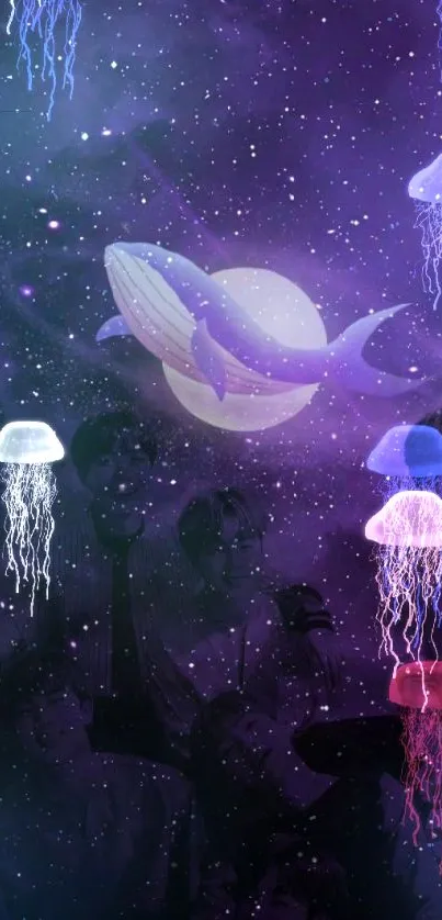 Purple galaxy wallpaper with a whale