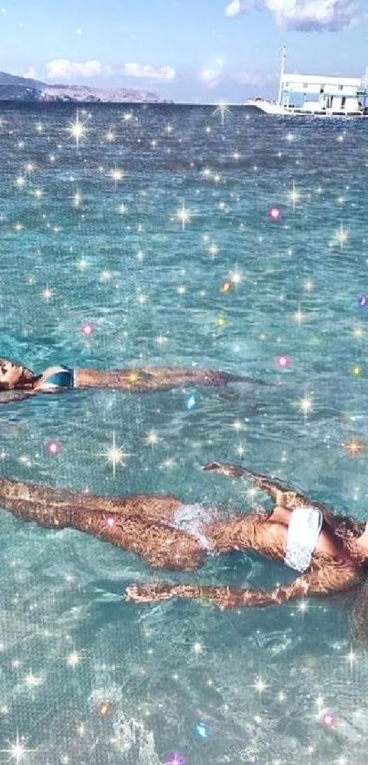 Two women float in a shimmering blue sea under a clear sky.