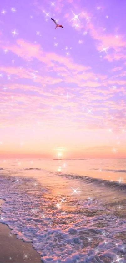 Serene sunset beach with sparkles and a purple sky featuring a flying bird.