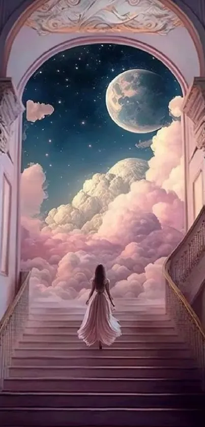 A woman in a gown ascends pink stairs to a night sky with moon and stars.