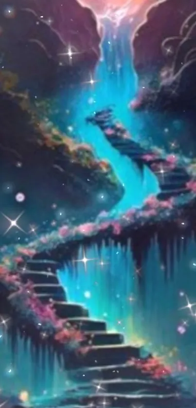 Fantasy art wallpaper with a vibrant glowing stairway in a magical dreamscape.