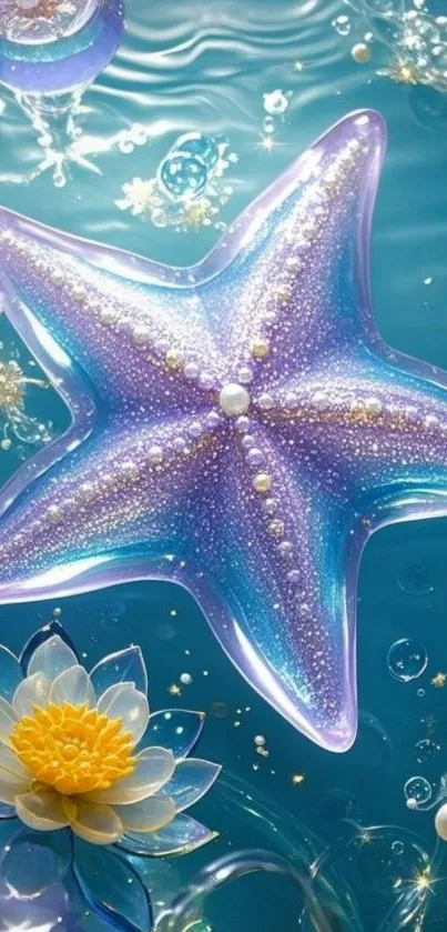 Glittering starfish with ocean flowers in aqua blue tones.