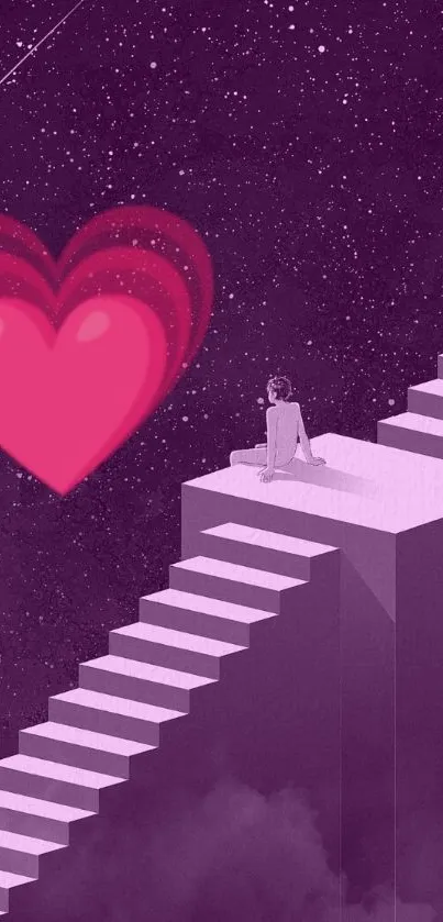 Dreamy stairs ascend to the stars with a heart in purple hues.