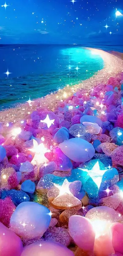 Glowing stones and stars on a tranquil beach under a vibrant night sky.