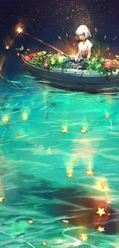 Anime-inspired scene with a boat, flowers, and stars on a cyan water surface.