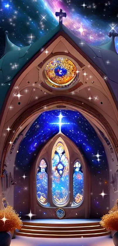 Dreamy cathedral with night sky and stars.