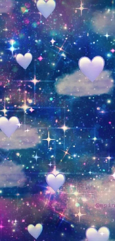 Mobile wallpaper with stars, clouds, and hearts in a dreamy cosmic sky.