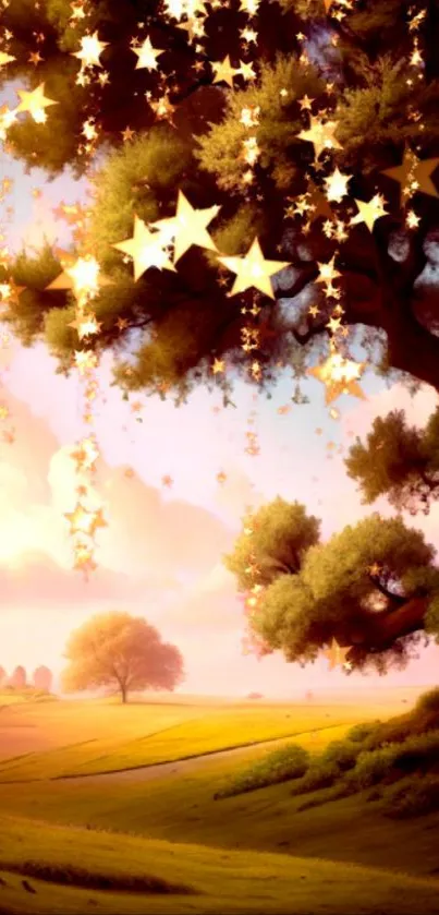 Whimsical landscape with golden stars cascading from a lush tree in a serene setting.