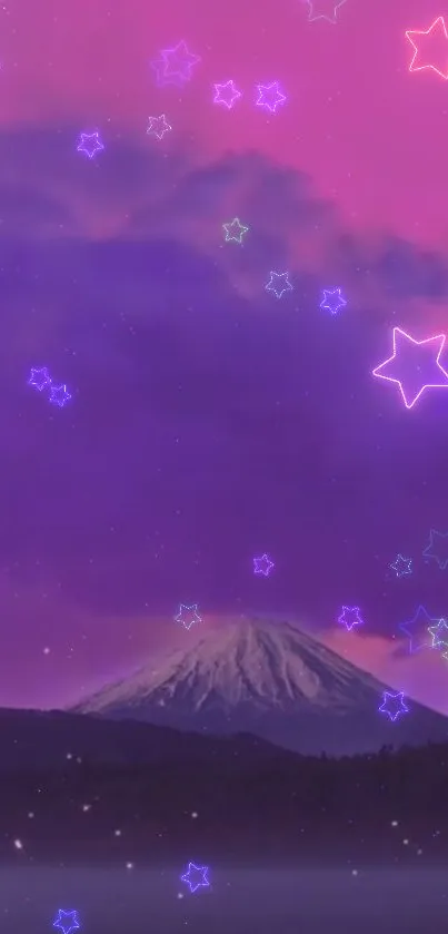 Neon starry mountain with pink sky and purple hues, perfect for mobile wallpaper.