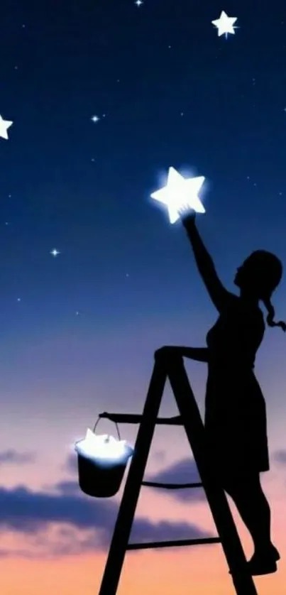 Silhouette reaching stars on a ladder under a deep blue sky.