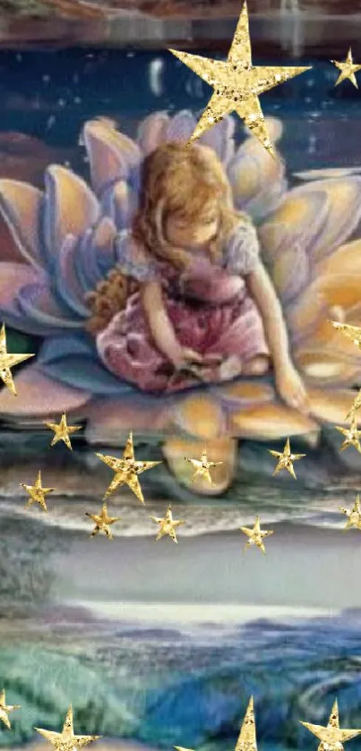 Fantasy art with a girl on lotus surrounded by stars and mystical scenery.