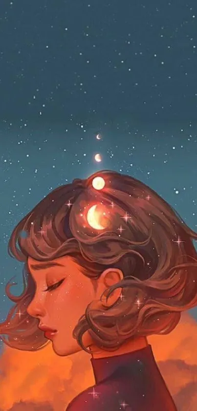 Surreal starry night art with a woman's silhouette.