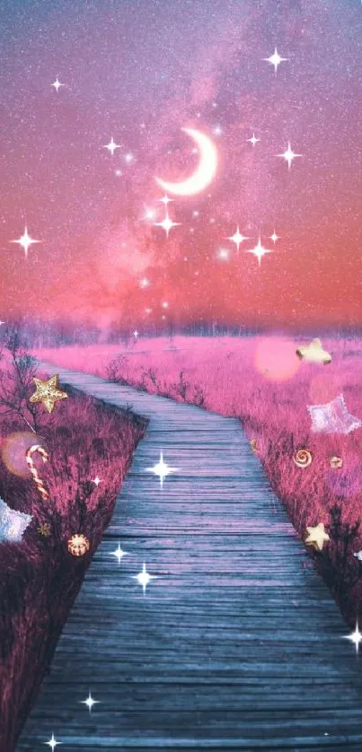 A dreamy pathway under a vibrant starry night sky with magical elements.