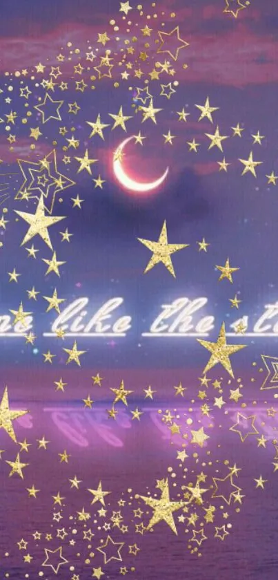 Dreamy wallpaper with stars, moon, and inspirational text on a purple sky.