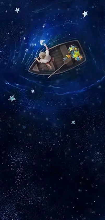 Boat under starry night sky in serene ocean.