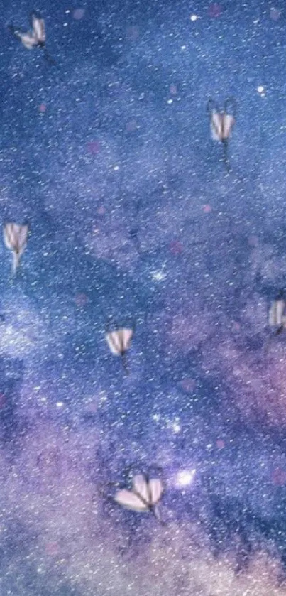 Galaxy wallpaper with butterflies floating across a starry night sky background.