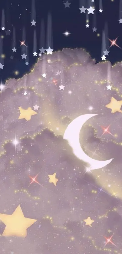Dreamy night sky with stars and crescent moon in soft clouds.