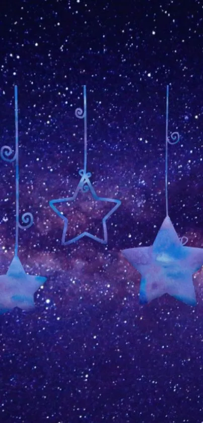 Hanging stars against a dark starry night sky with a cosmic backdrop.