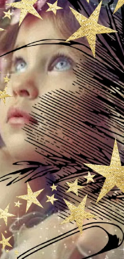 Child gazing at golden stars in a dreamy night backdrop.