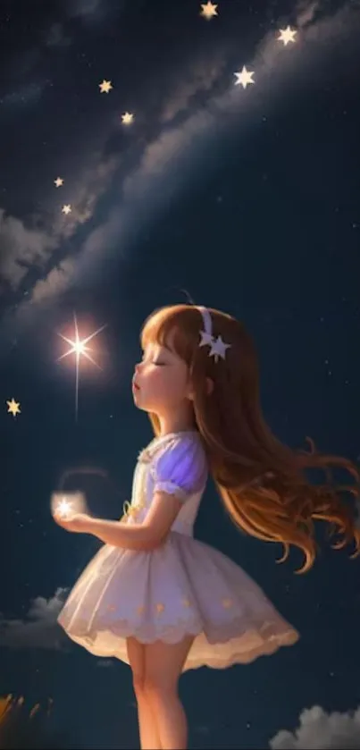 Dreamy girl under a starry night sky in fantasy wallpaper.