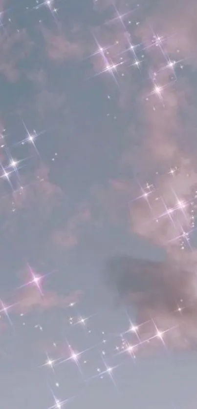 Dreamy sky wallpaper with sparkling stars and pastel clouds.