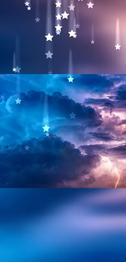 Dreamy sky wallpaper with stars, clouds, and lightning.