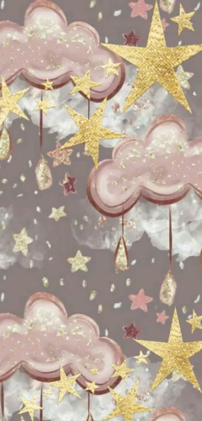 Whimsical clouds and golden stars wallpaper with pink and misty hues.